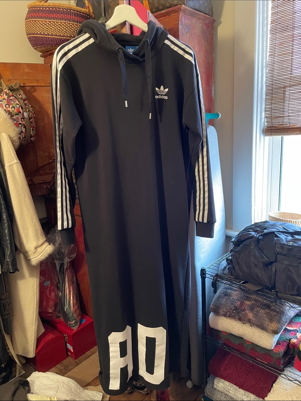Adidas Black Hooded Hoodie Dress with White Stripes & Number